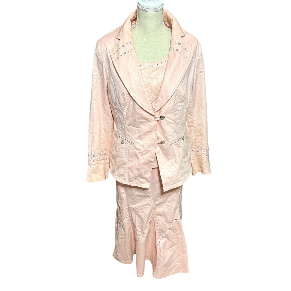 Womens Denim By Milano 3 Pc Suit Skirt Jacket shell Baby Pink sz 10 Bling